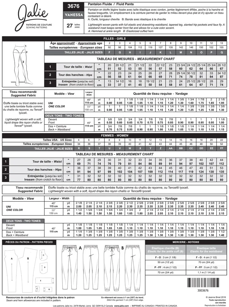 Jalie Pattern 3676 - VANESSA Fluid Pants