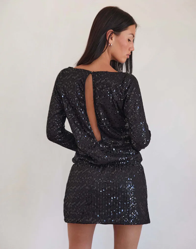 Jasilia Long Sleeve Mini Dress in Gauzy Sequin Black