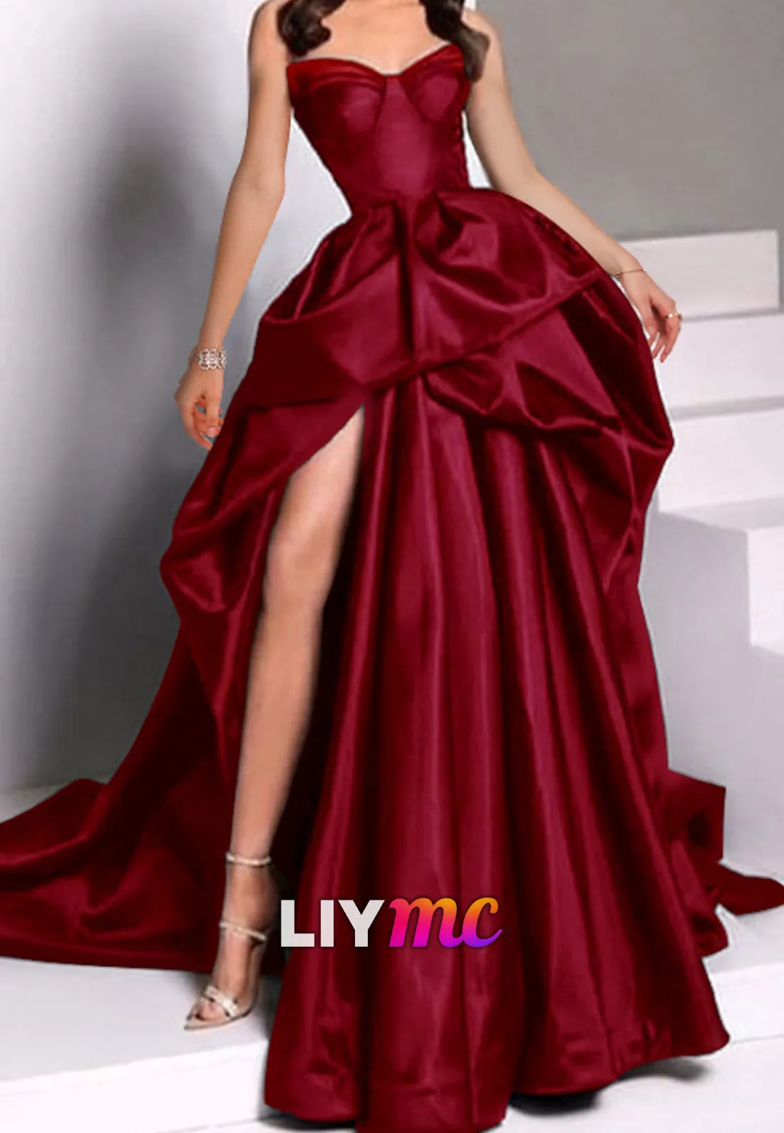 LP318 - Strapless Ruched Satin Long Ball Prom Evening Dress With Slit