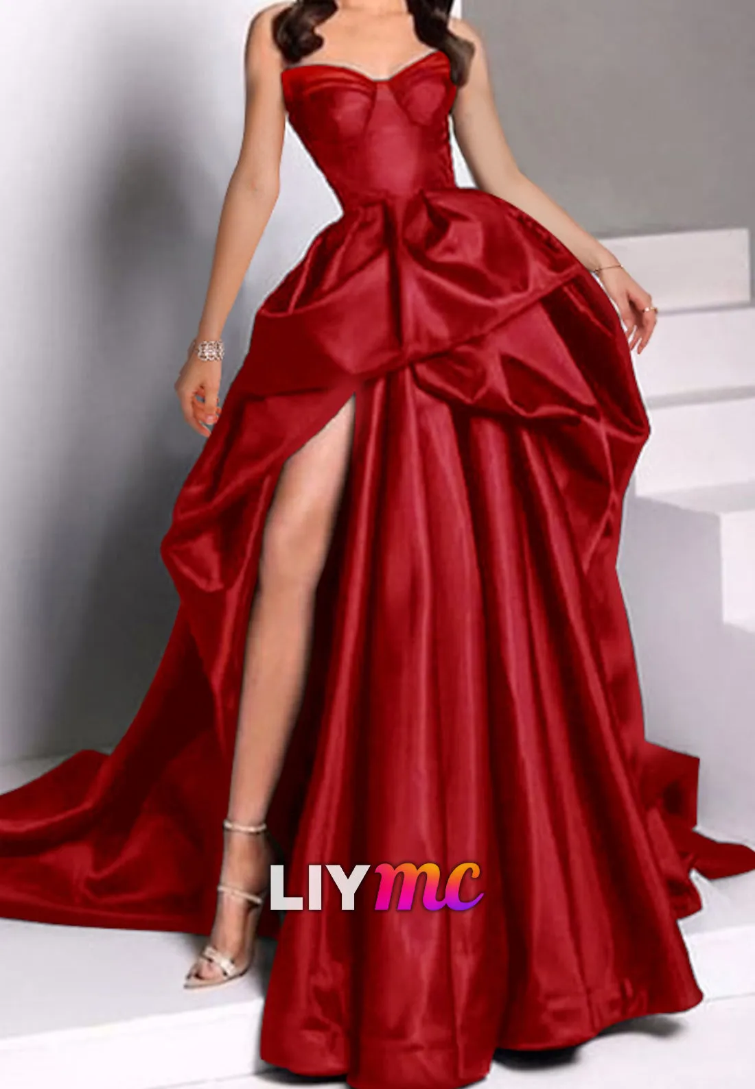 LP318 - Strapless Ruched Satin Long Ball Prom Evening Dress With Slit