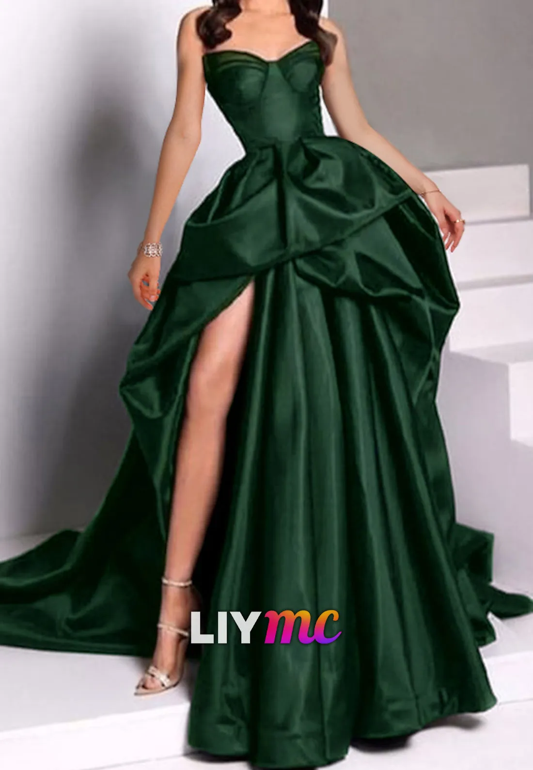 LP318 - Strapless Ruched Satin Long Ball Prom Evening Dress With Slit