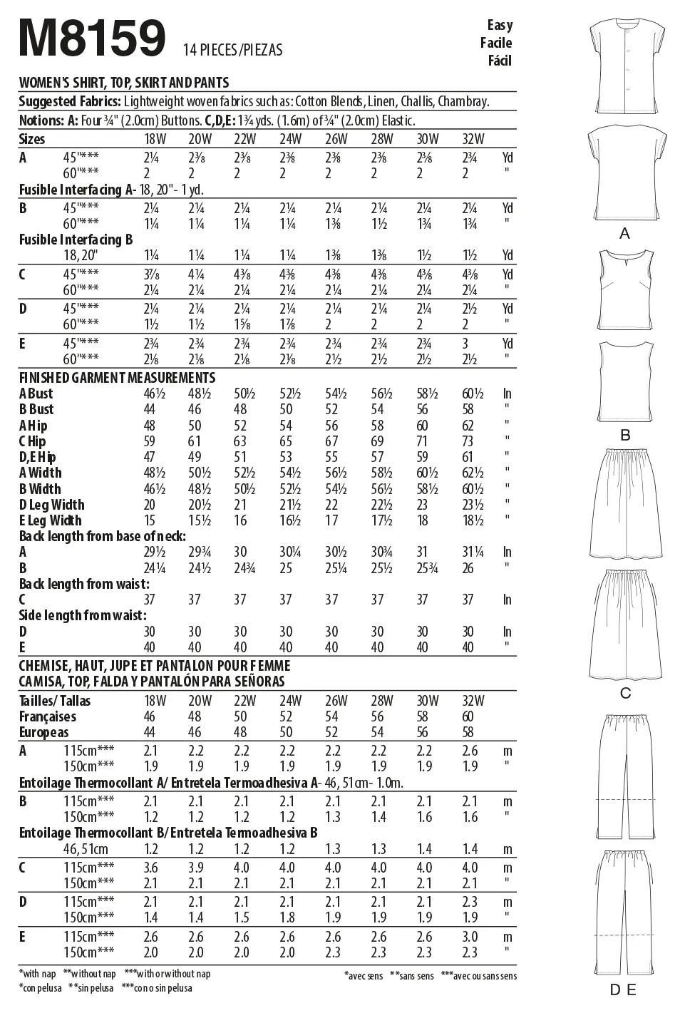 McCall's 8159 Side Slit Shirt, Top, Skirt and Pants pattern