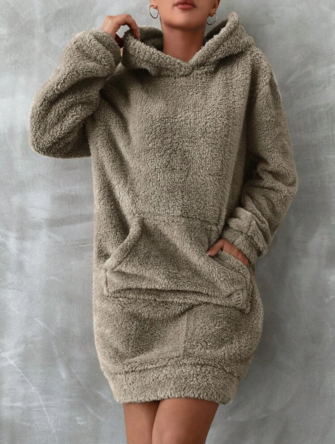 Oversized Fluffy Hoodie Sweatshirt, Comfortable Sleepwear with Kangaroo Pocket and Drop Shoulder