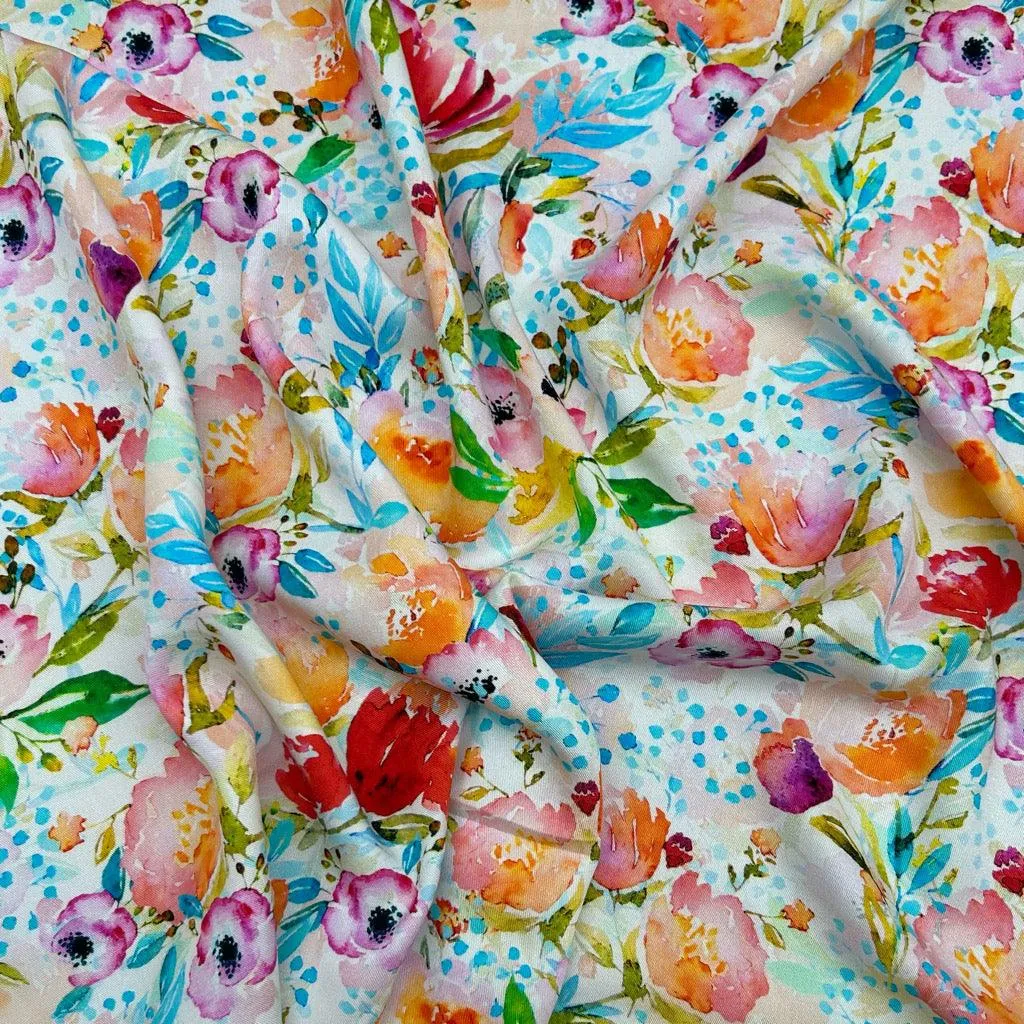 Painted Flowers on White Viscose Twill Fabric