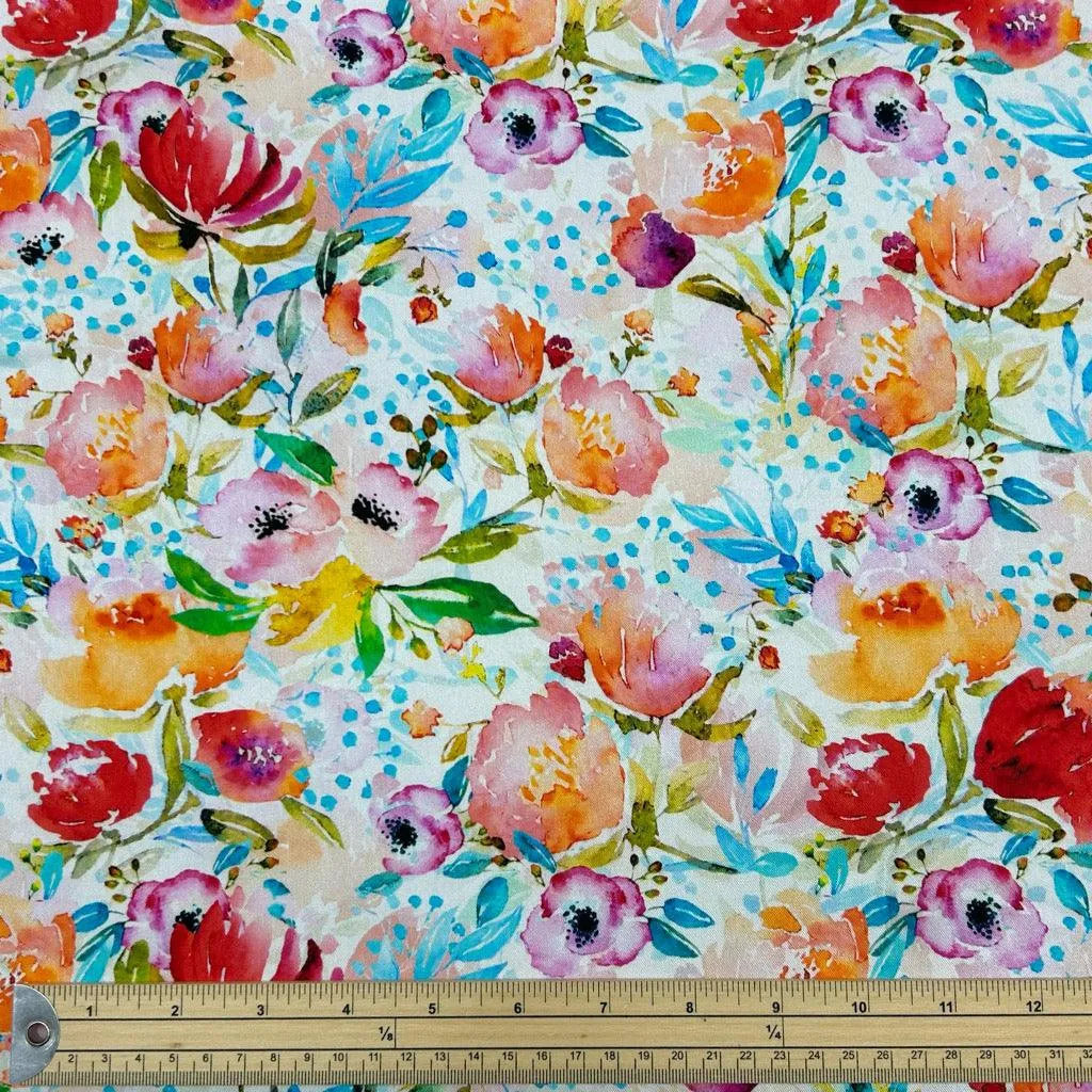 Painted Flowers on White Viscose Twill Fabric