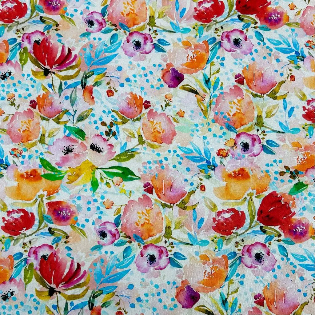 Painted Flowers on White Viscose Twill Fabric