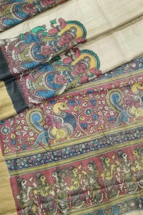 Pastel Hand Pen Kalamkari Pure Tussar Silk Saree: Elegant and Ethereal