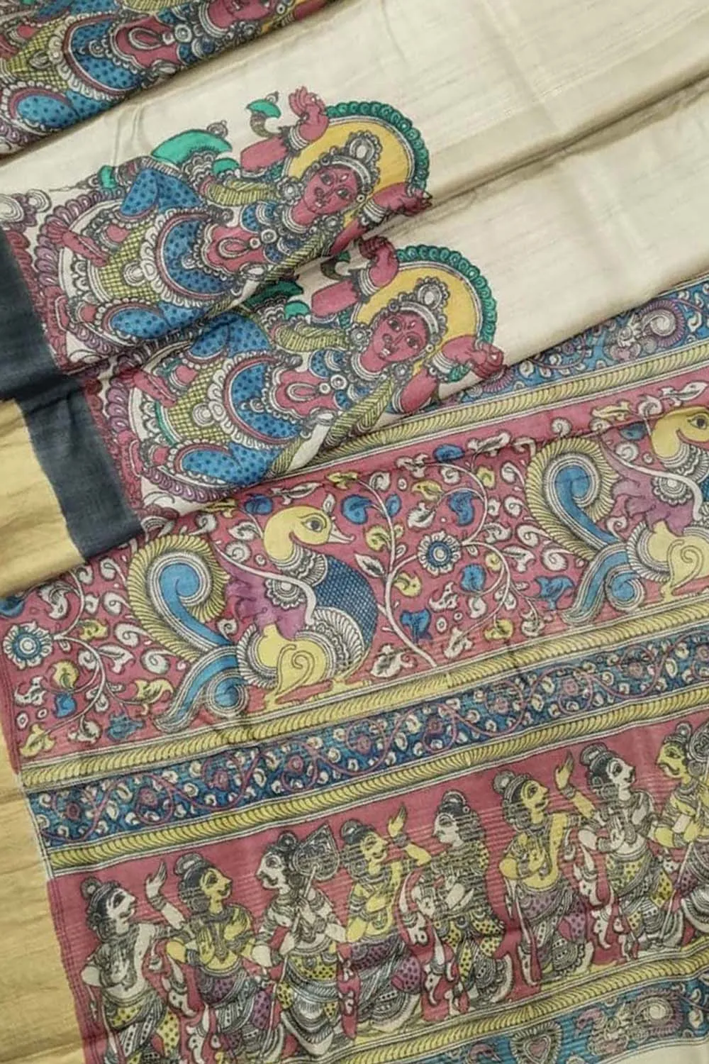 Pastel Hand Pen Kalamkari Pure Tussar Silk Saree: Elegant and Ethereal