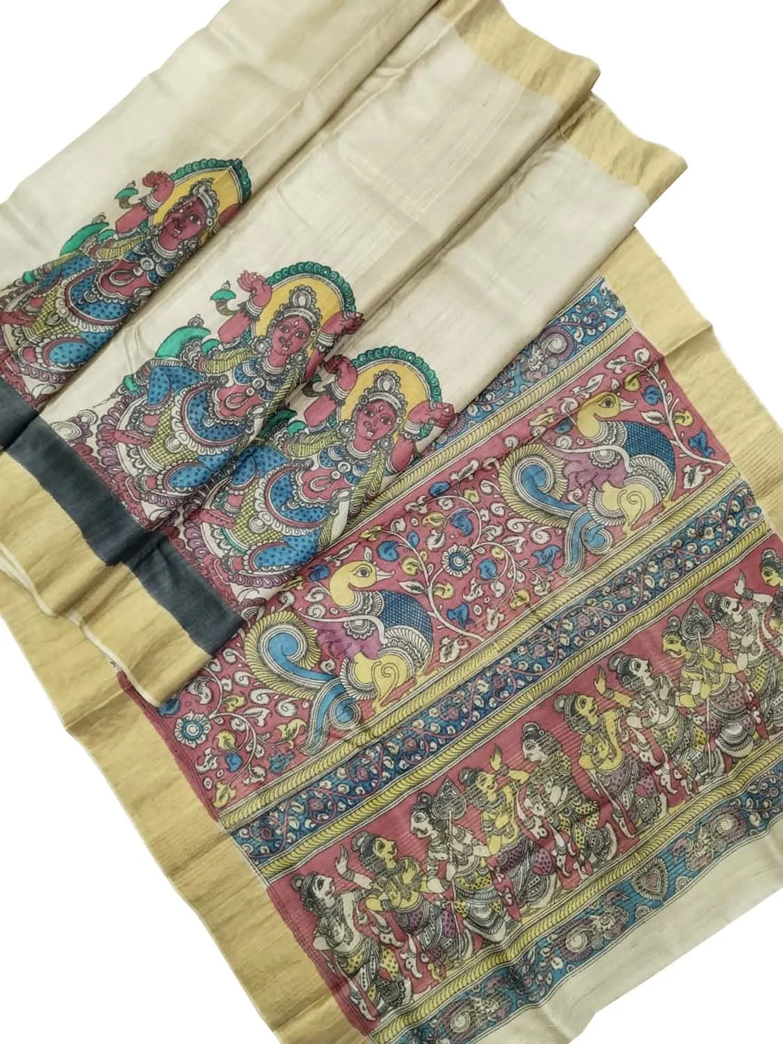 Pastel Hand Pen Kalamkari Pure Tussar Silk Saree: Elegant and Ethereal