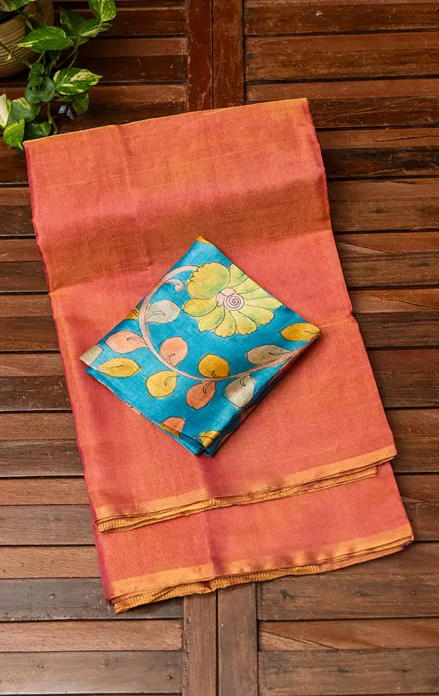 Pink chanderi tissue silk saree with kalamkari blouse