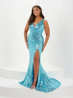 Plus Size Sequin V-Neck Slit Gown by Tiffany Designs 16130