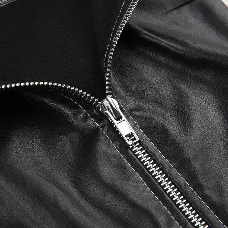 Punk Black White Leather Zip-up Coat