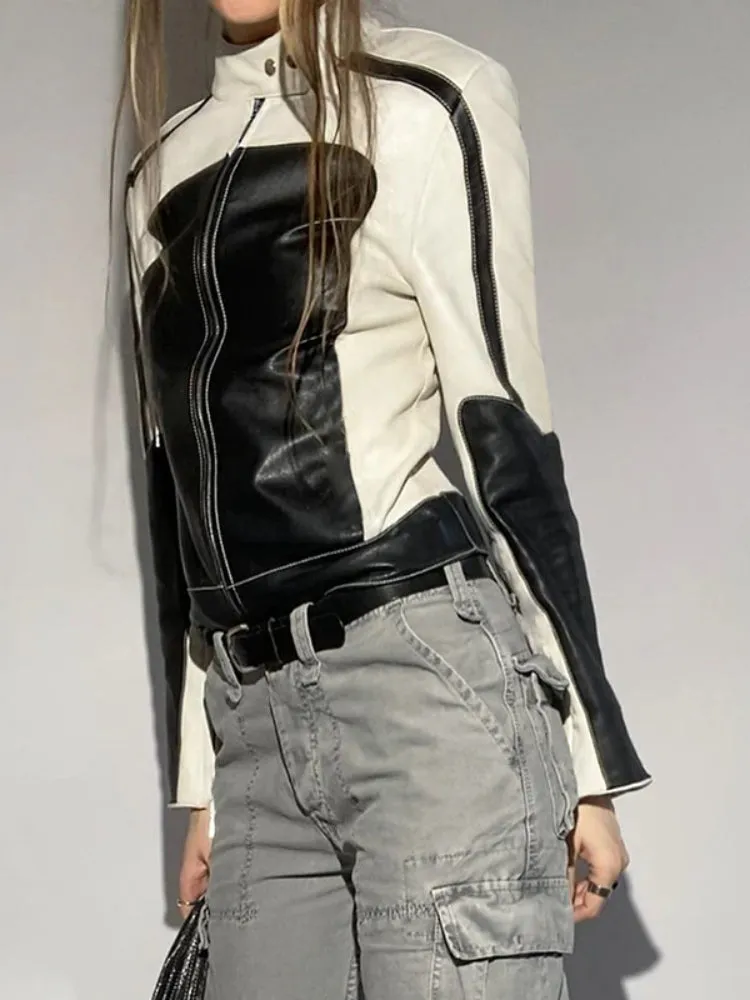 Punk Black White Leather Zip-up Coat