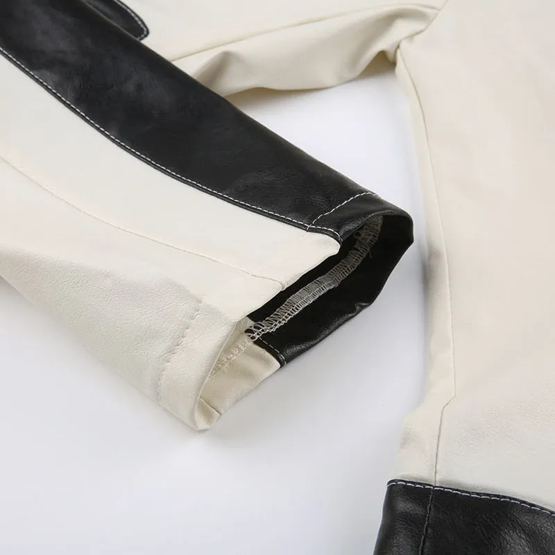 Punk Black White Leather Zip-up Coat