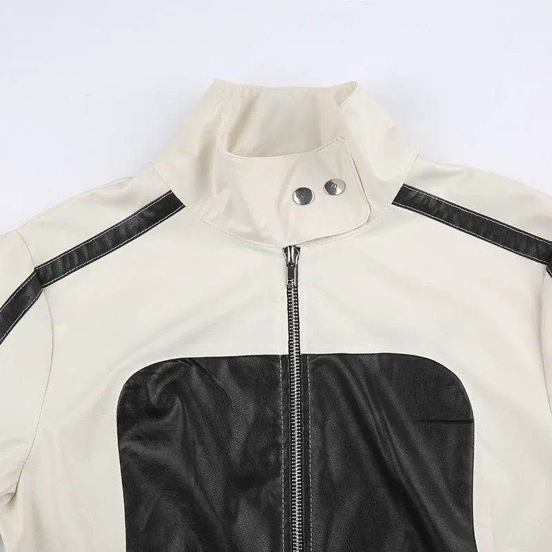 Punk Black White Leather Zip-up Coat