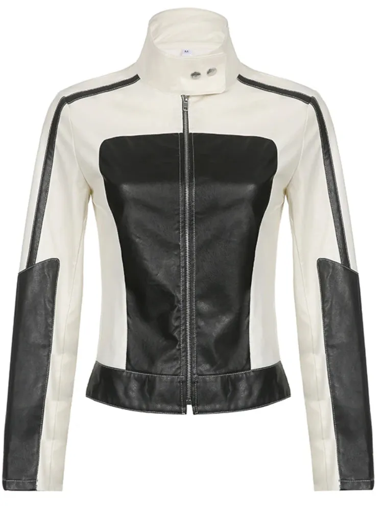 Punk Black White Leather Zip-up Coat