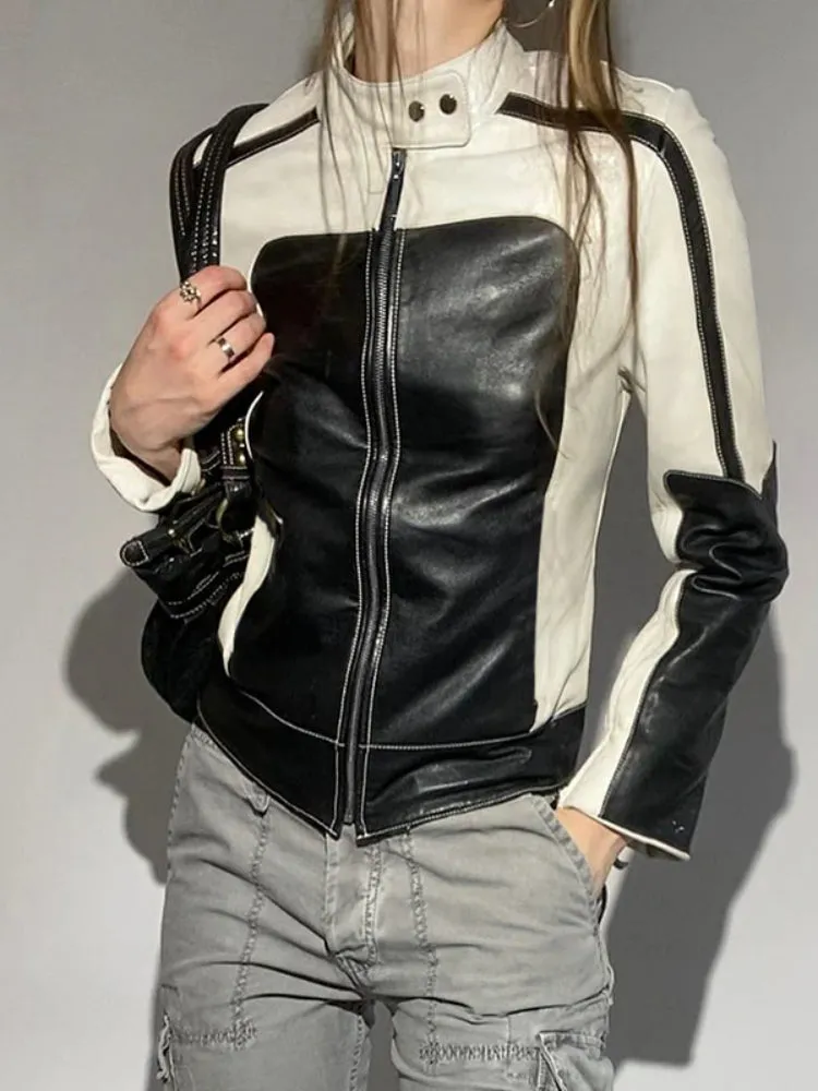 Punk Black White Leather Zip-up Coat