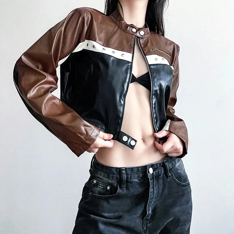 Punk Zip-Up Patchwork  PU Leather Jacket