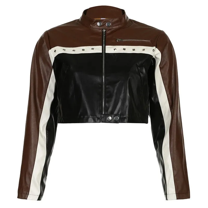 Punk Zip-Up Patchwork  PU Leather Jacket