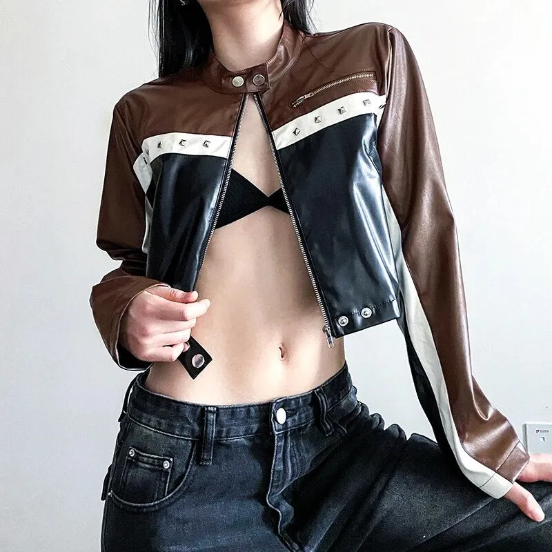 Punk Zip-Up Patchwork  PU Leather Jacket