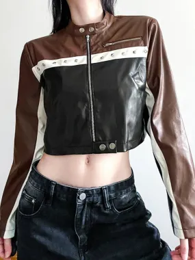 Punk Zip-Up Patchwork  PU Leather Jacket