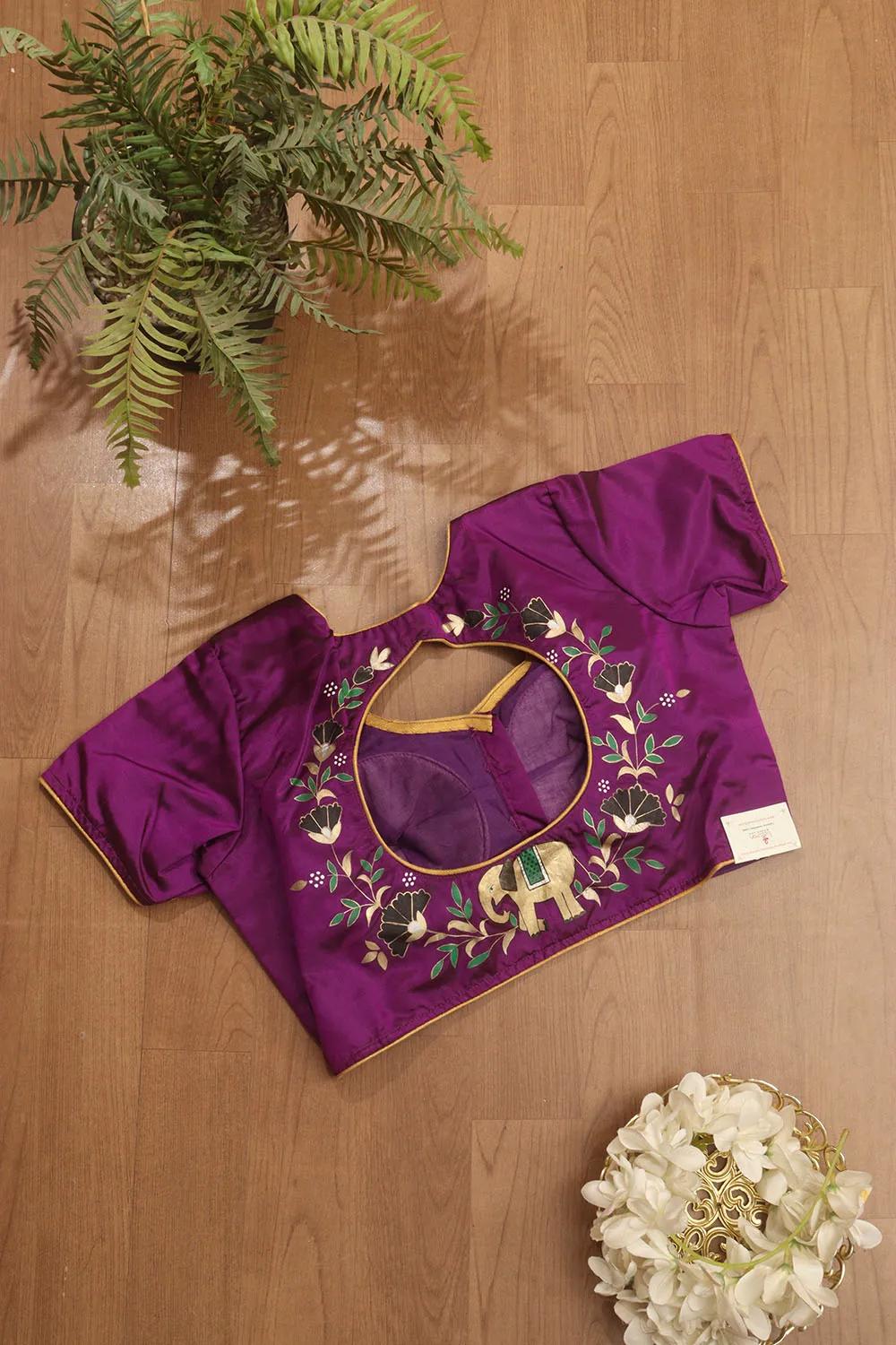 Purple Hand Painted Pure Silk U Neck Padded Stitched Blouse