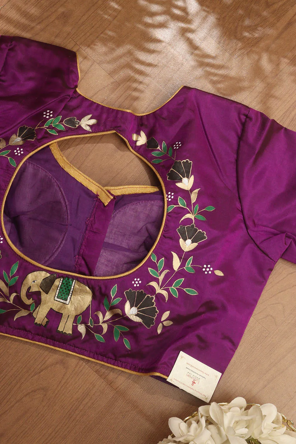 Purple Hand Painted Pure Silk U Neck Padded Stitched Blouse