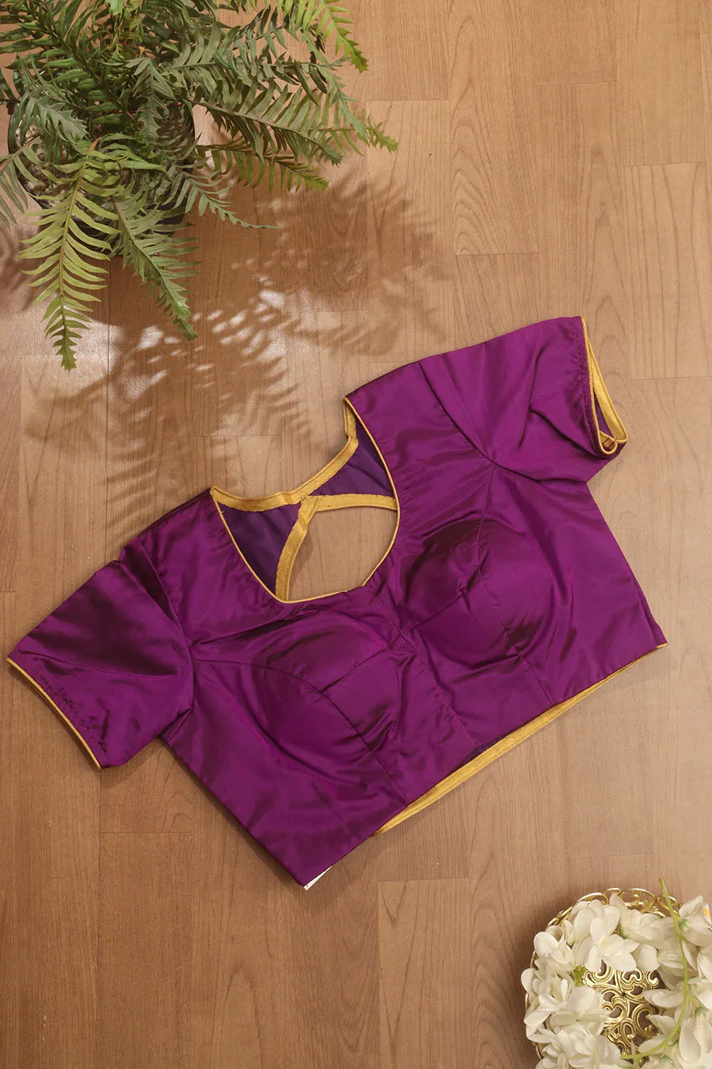 Purple Hand Painted Pure Silk U Neck Padded Stitched Blouse