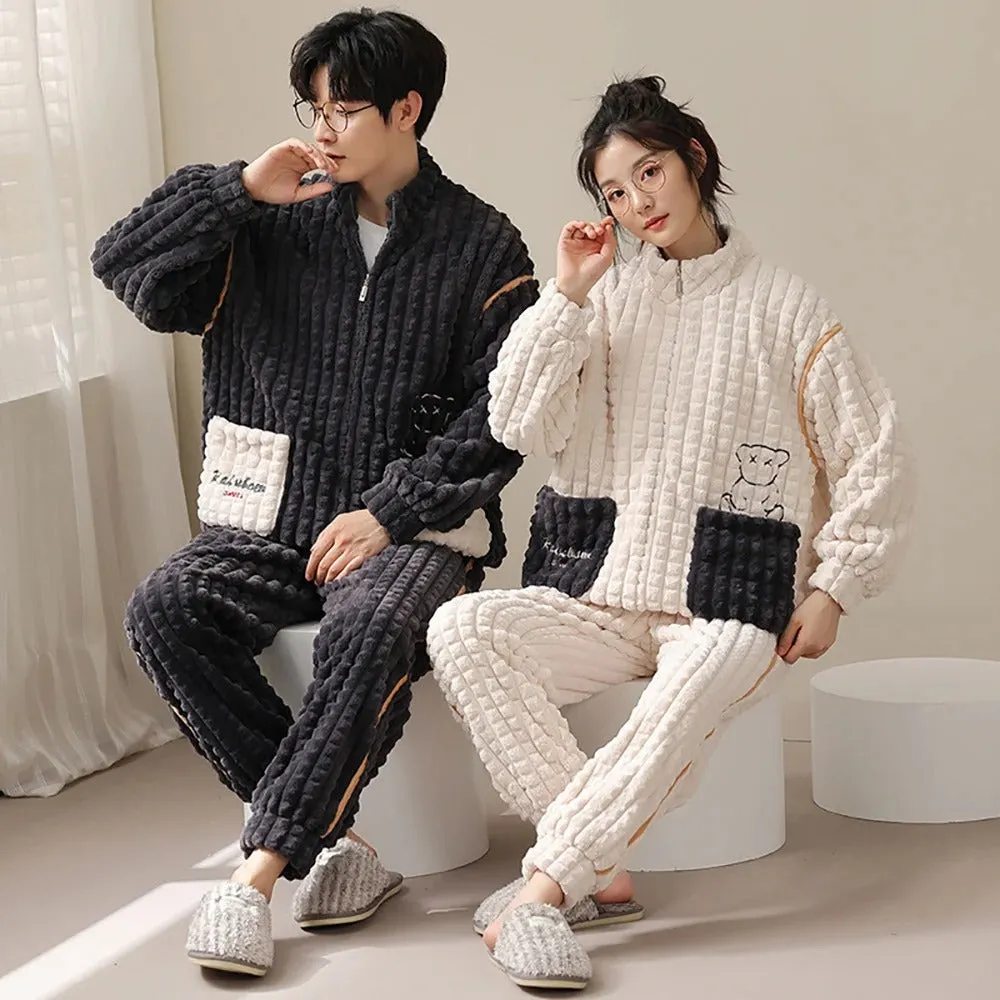 Quilted Bear Patch Couple Pajama Set with Contrast Pockets