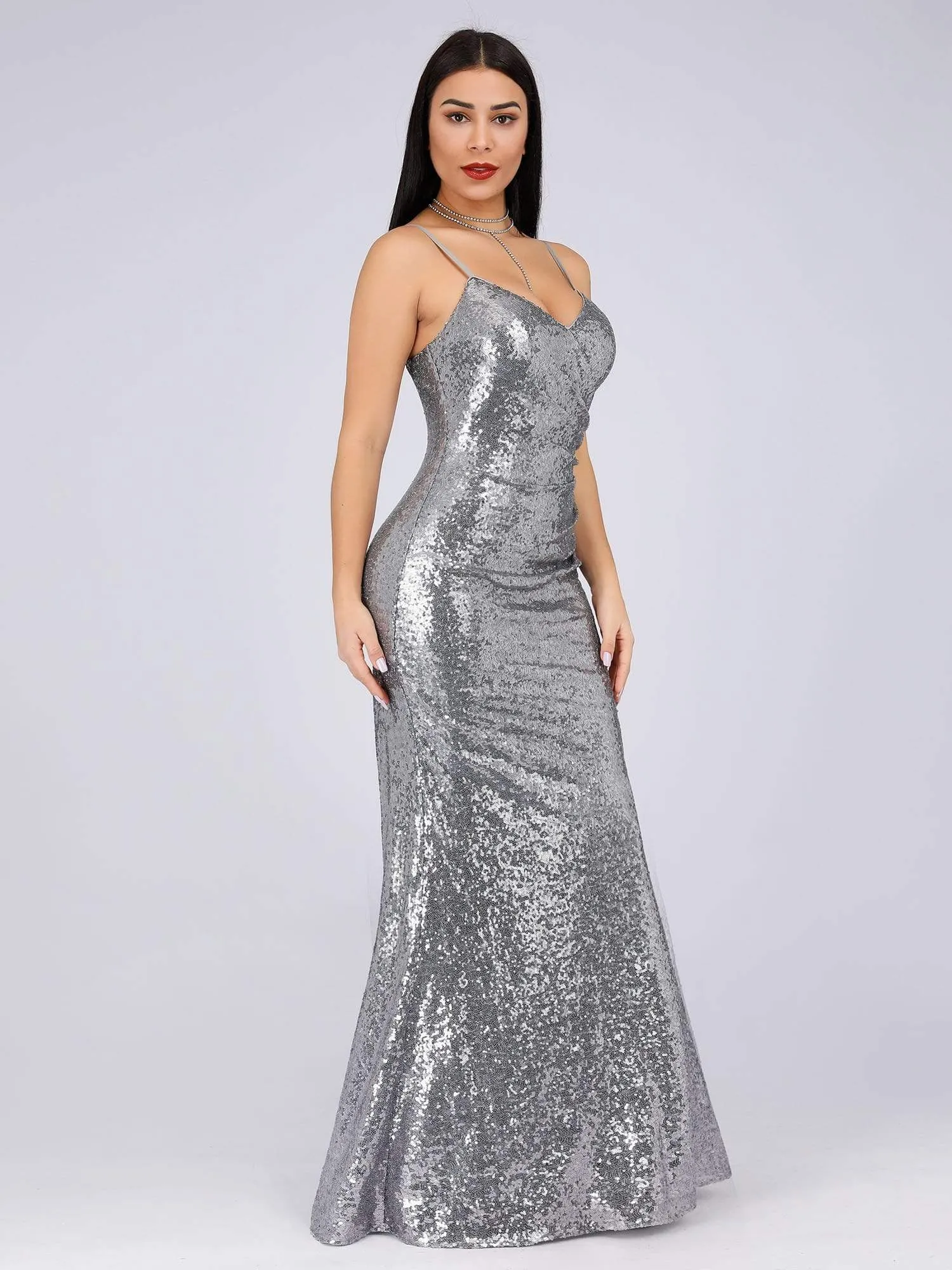 Sexy Spaghetti Straps Fishtail Sequin Evening Gowns for Women