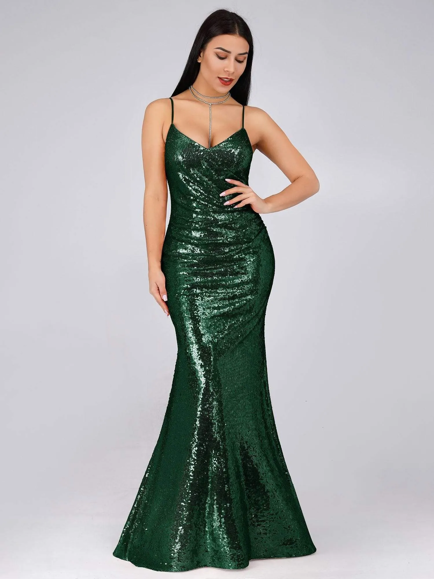 Sexy Spaghetti Straps Fishtail Sequin Evening Gowns for Women