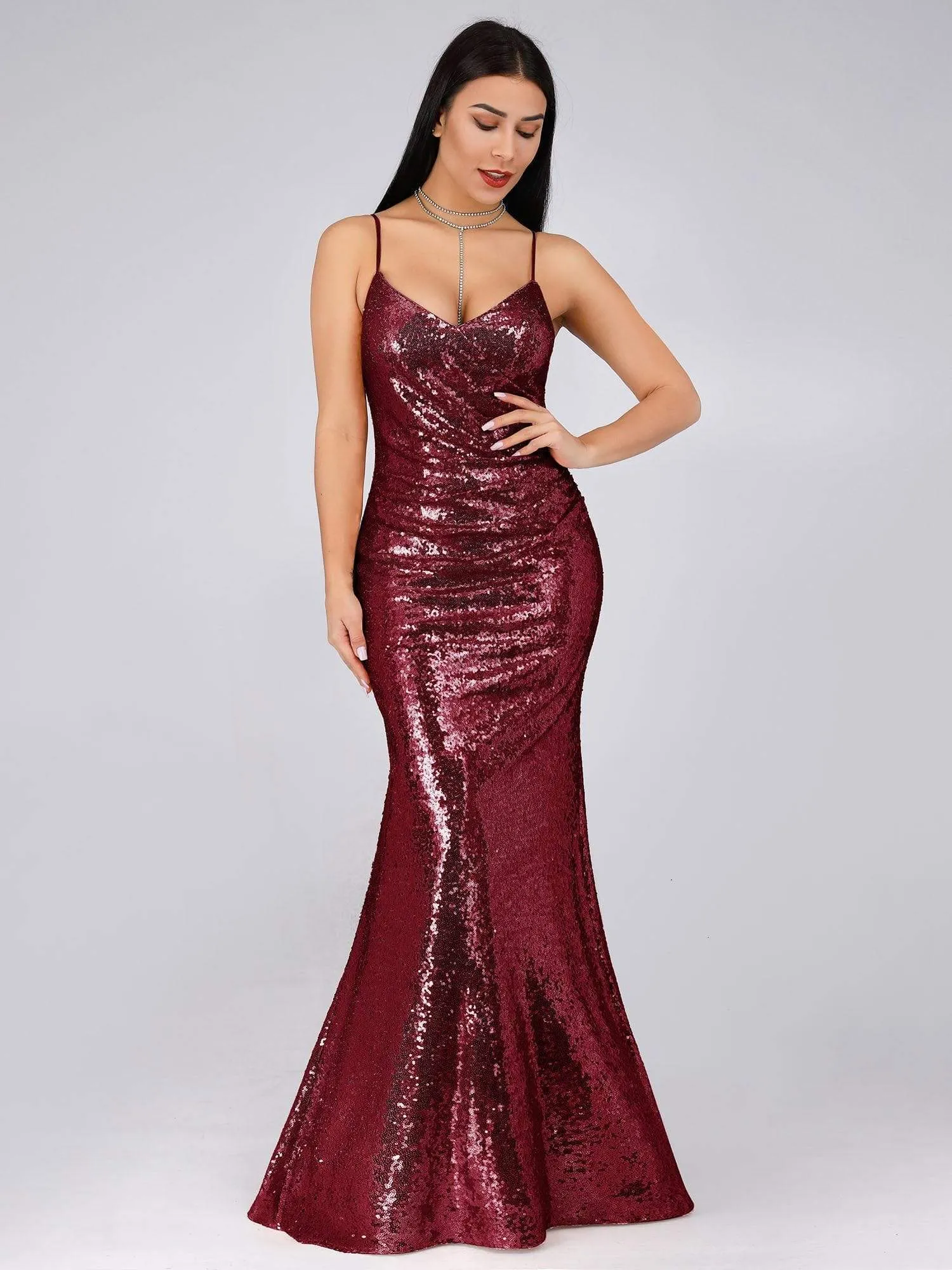 Sexy Spaghetti Straps Fishtail Sequin Evening Gowns for Women