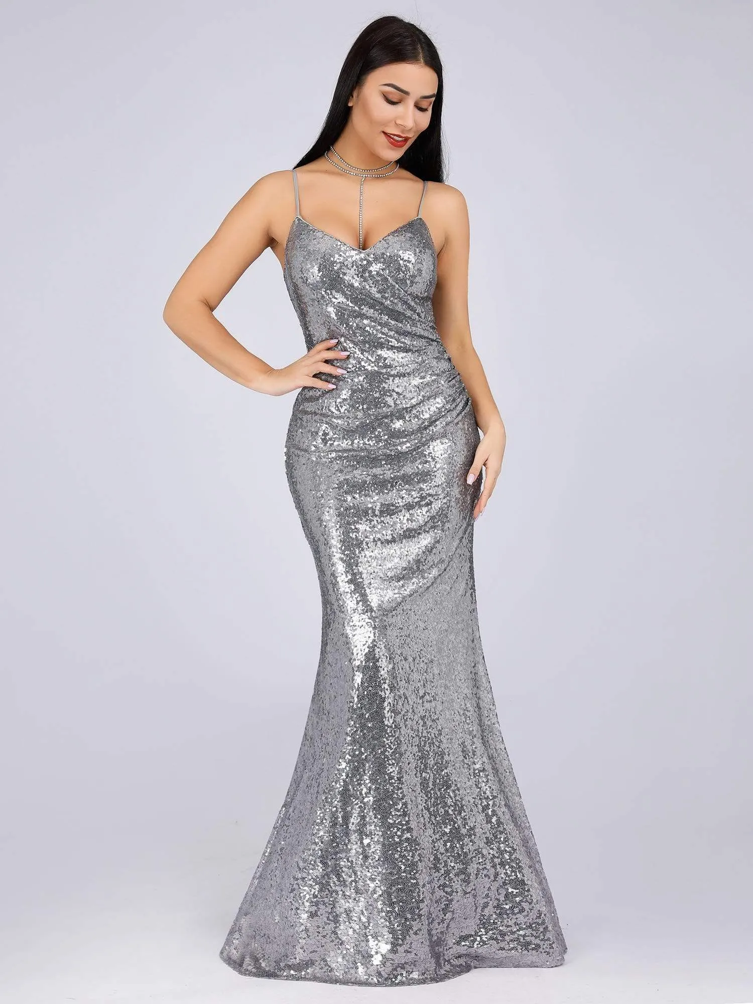 Sexy Spaghetti Straps Fishtail Sequin Evening Gowns for Women