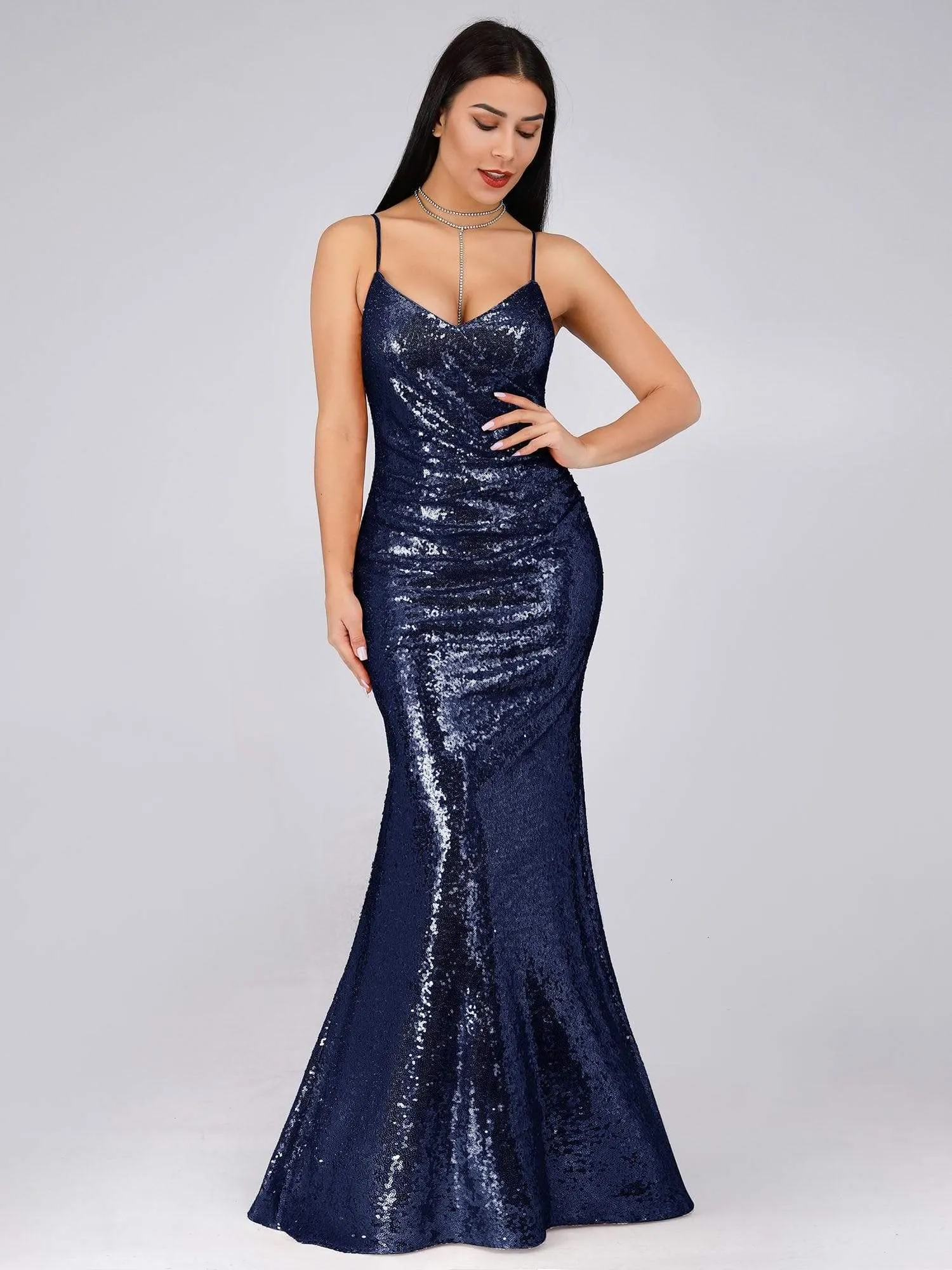 Sexy Spaghetti Straps Fishtail Sequin Evening Gowns for Women