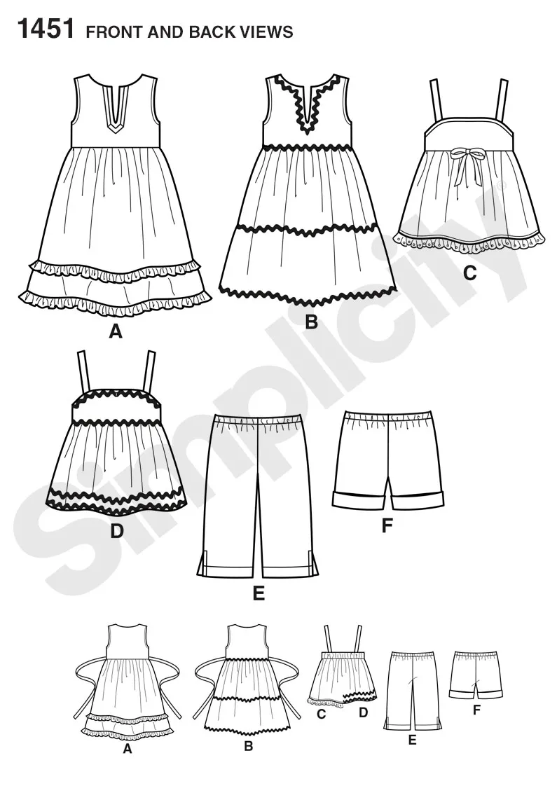 Simplicity Pattern 1451 Toddlers' Dresses, Top, Cropped Pants and Shorts