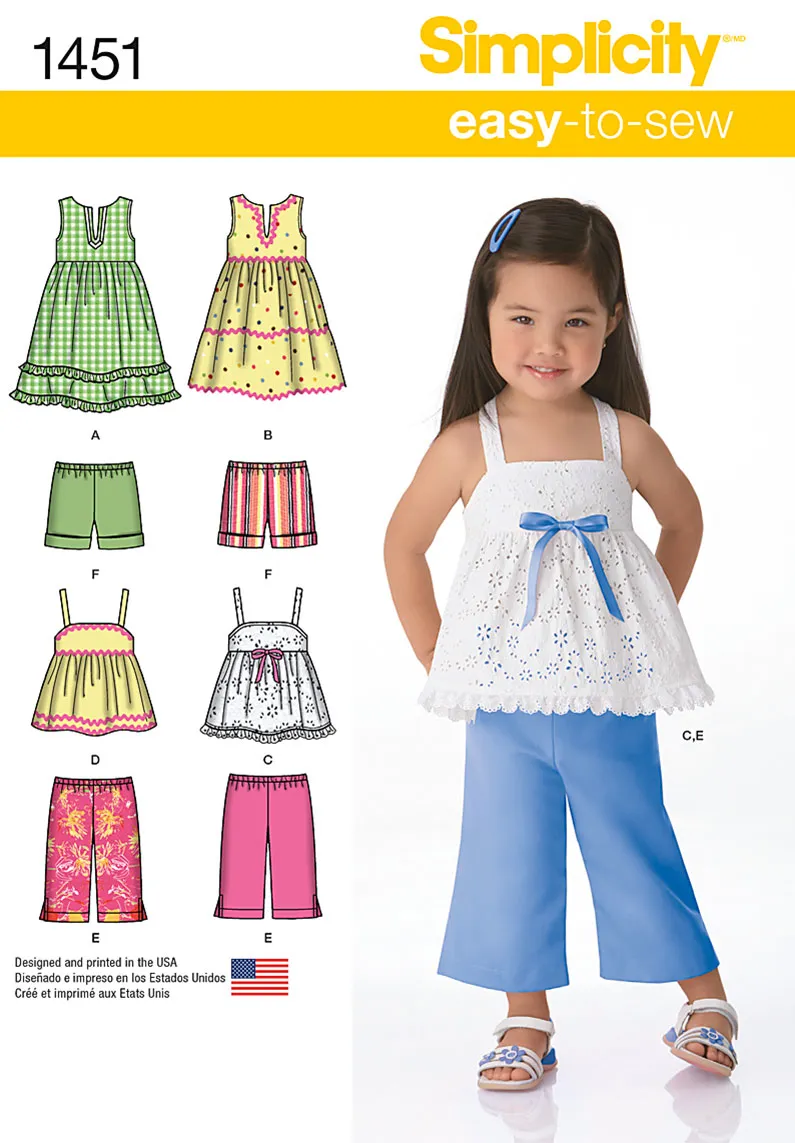 Simplicity Pattern 1451 Toddlers' Dresses, Top, Cropped Pants and Shorts