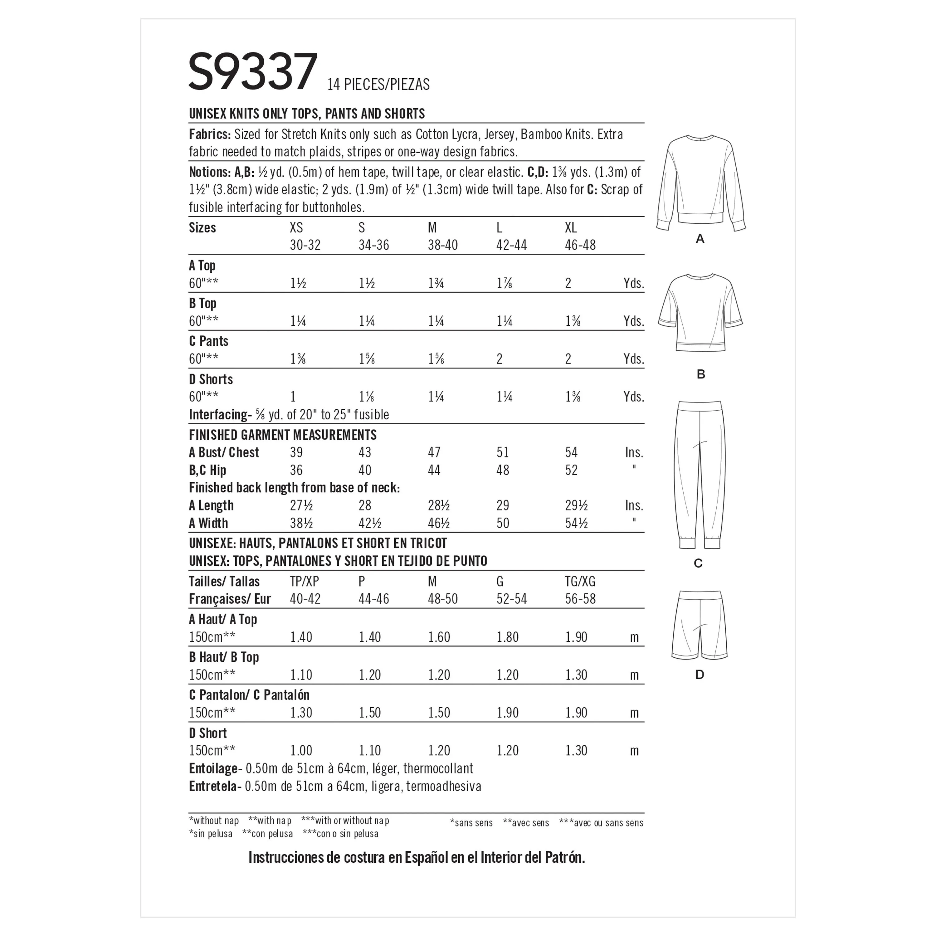 Simplicity Pattern S9337 Unisex Knits Only Tops, Pants and Shorts