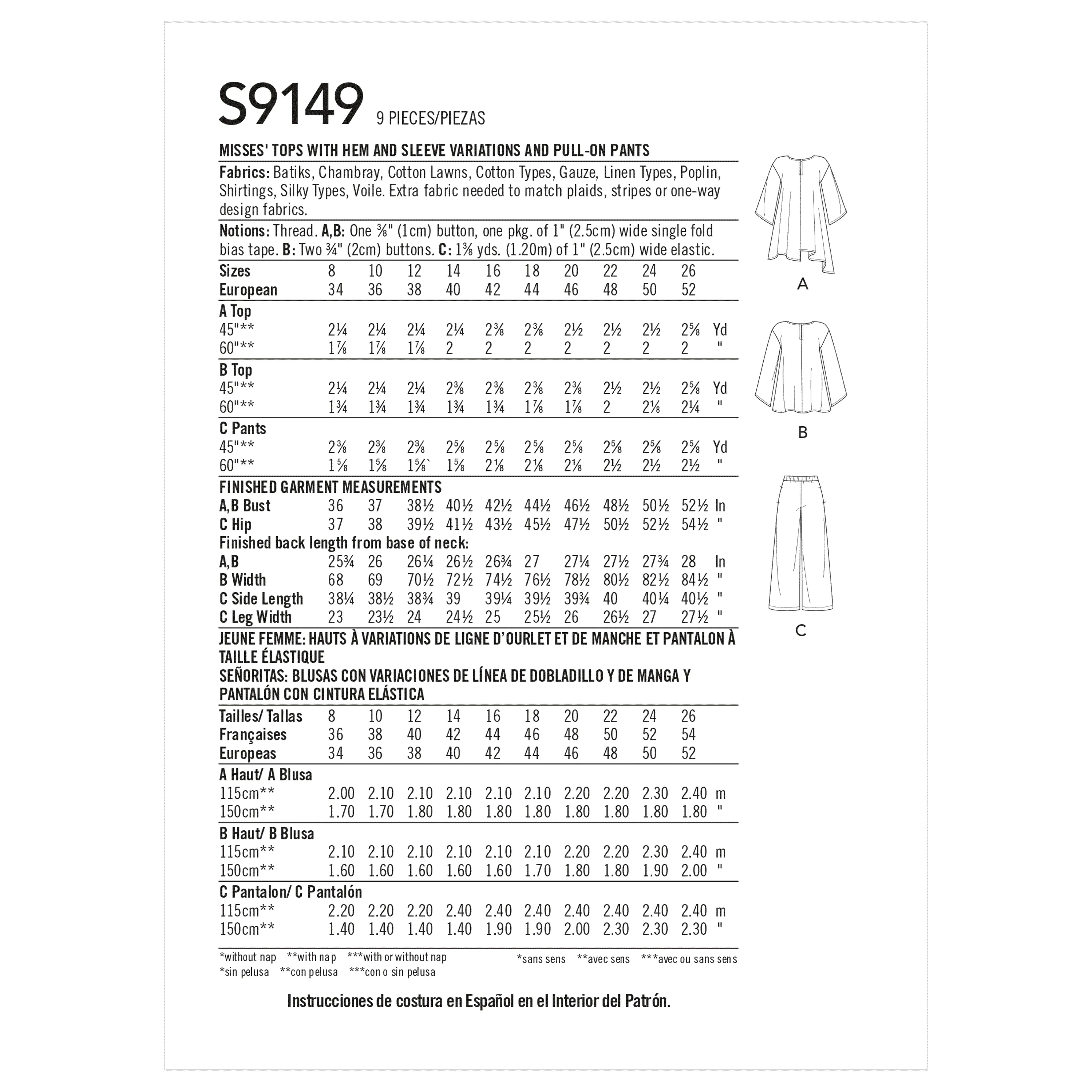 Simplicity Sewing Pattern 9149 Tops and Pants