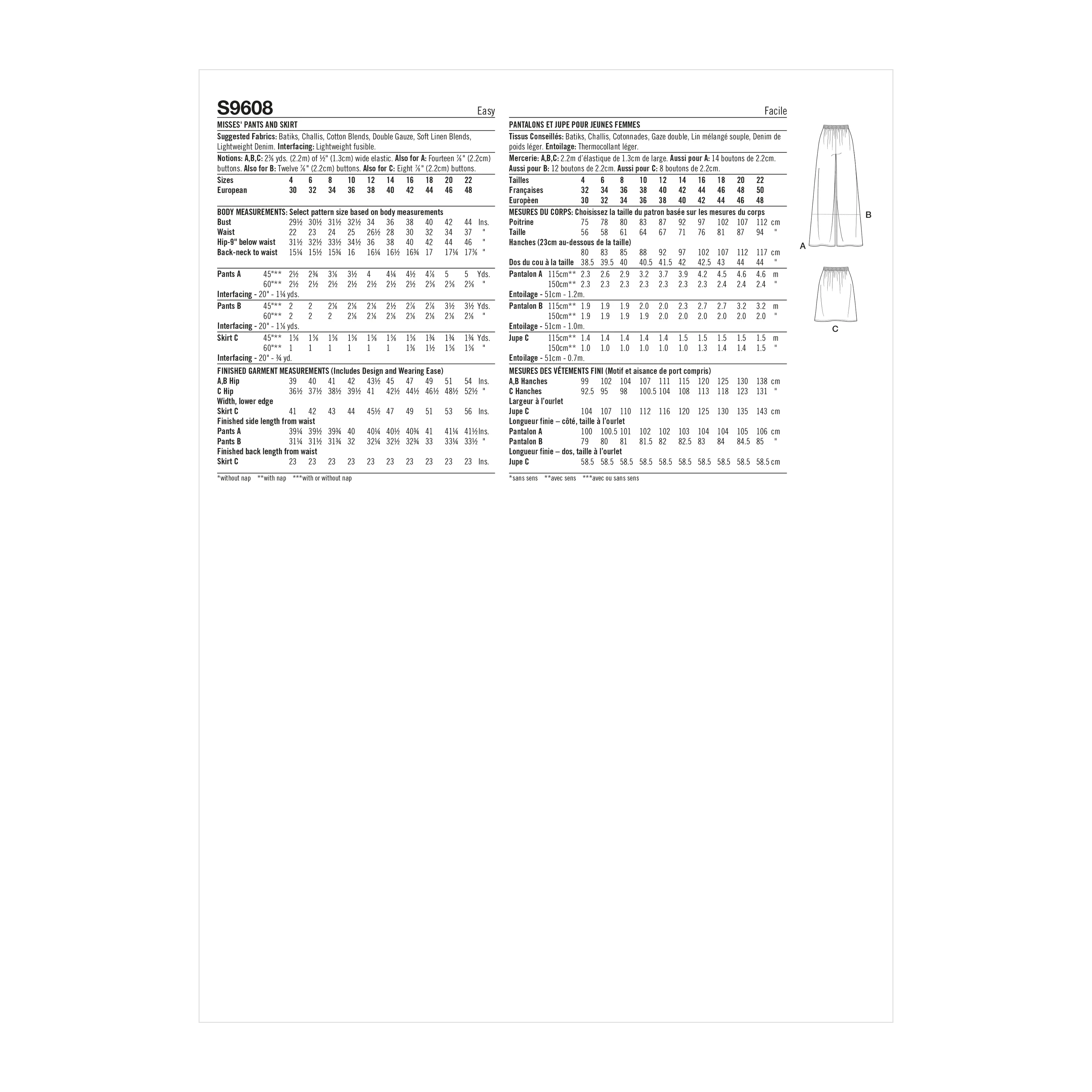 Simplicity Sewing Pattern 9608 Misses' Trousers and Skirt