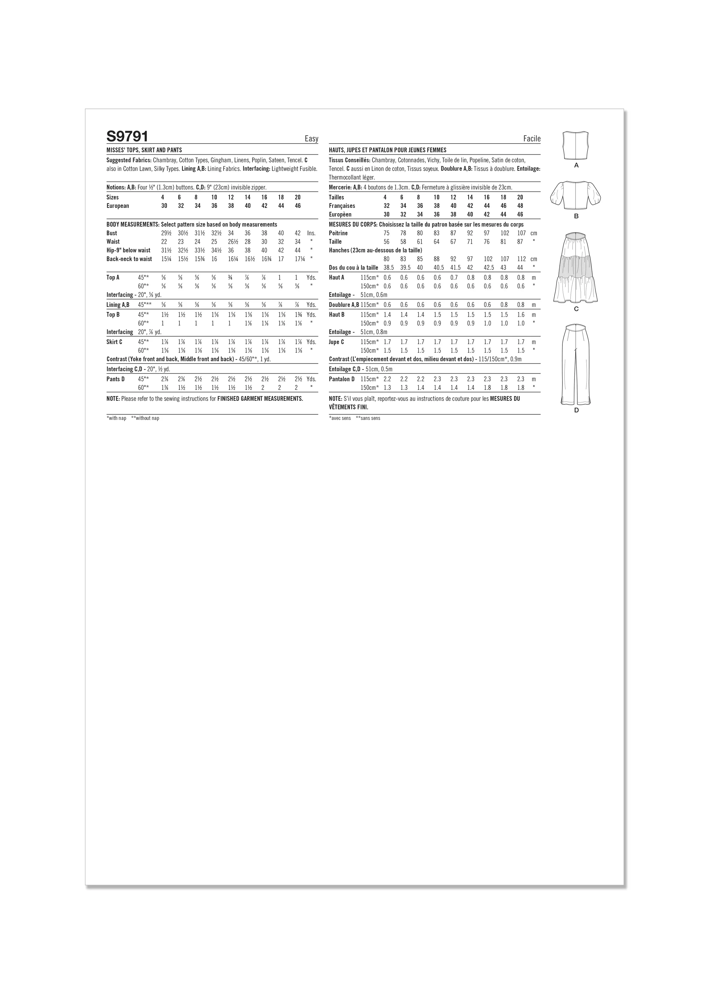 Simplicity sewing pattern 9791 Tops, Skirt and Pants