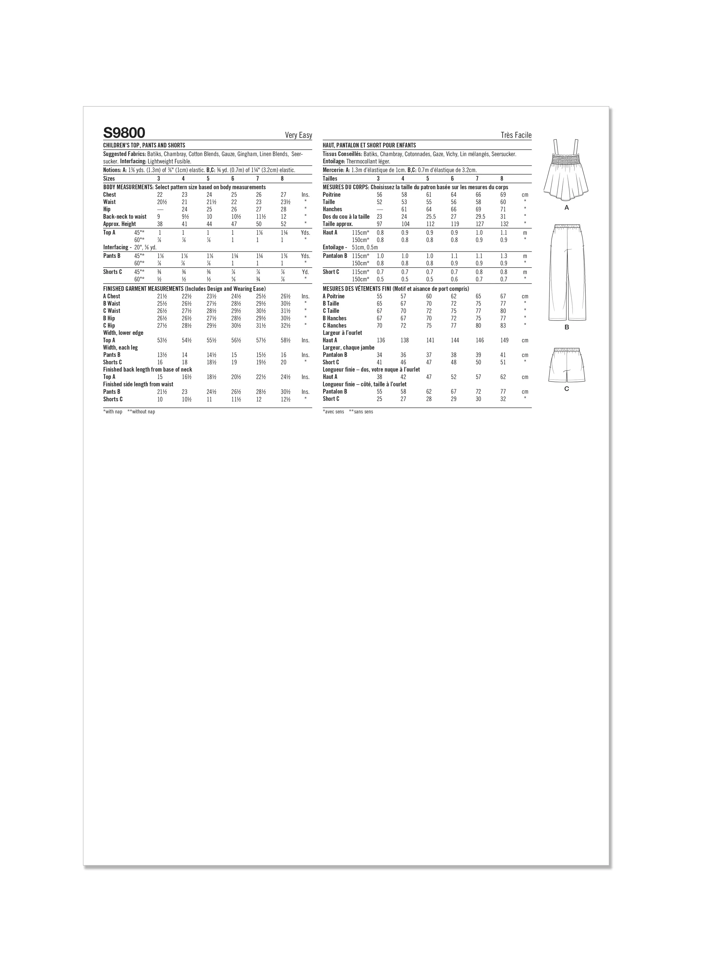 Simplicity sewing pattern 9800 Children's Top, Pants and Shorts