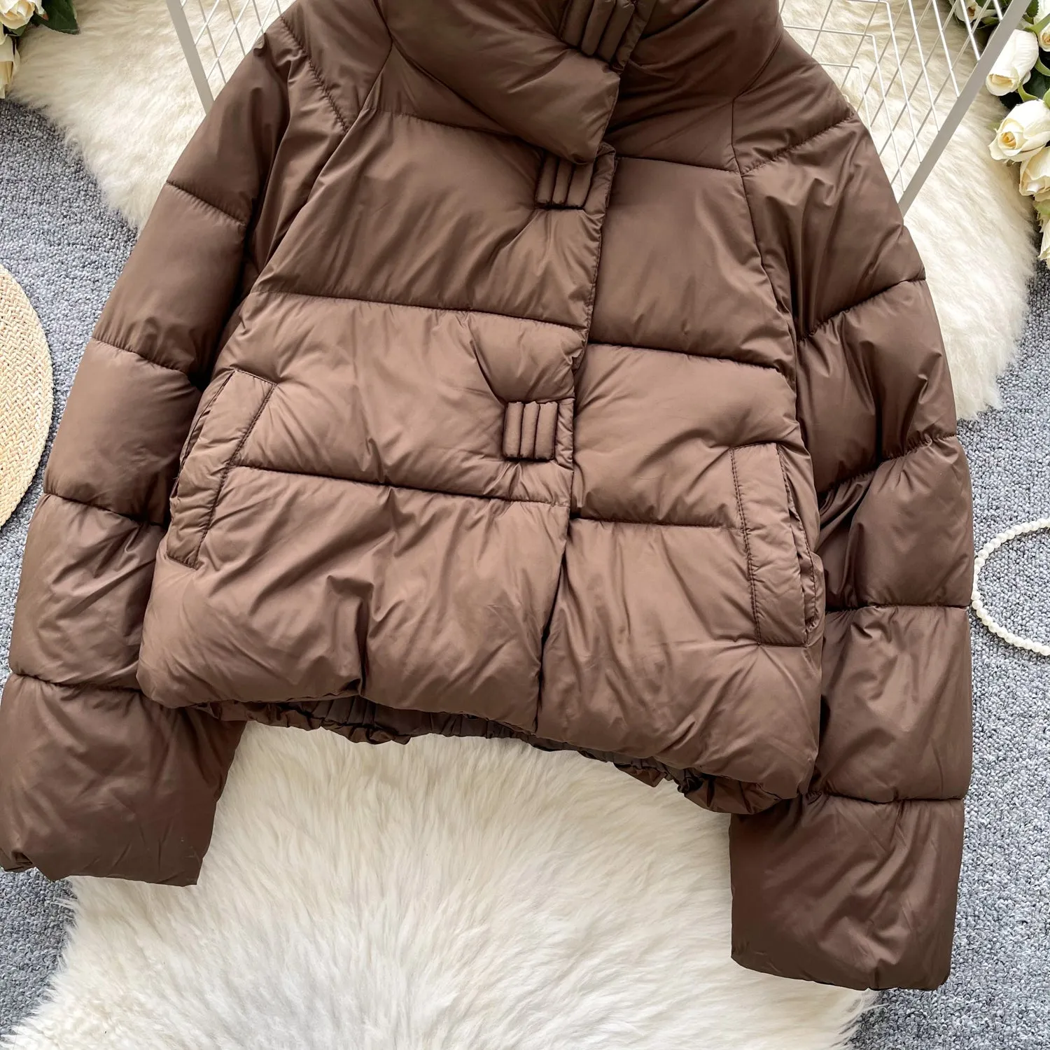 Stand Collar Zipped Puffy Jacket