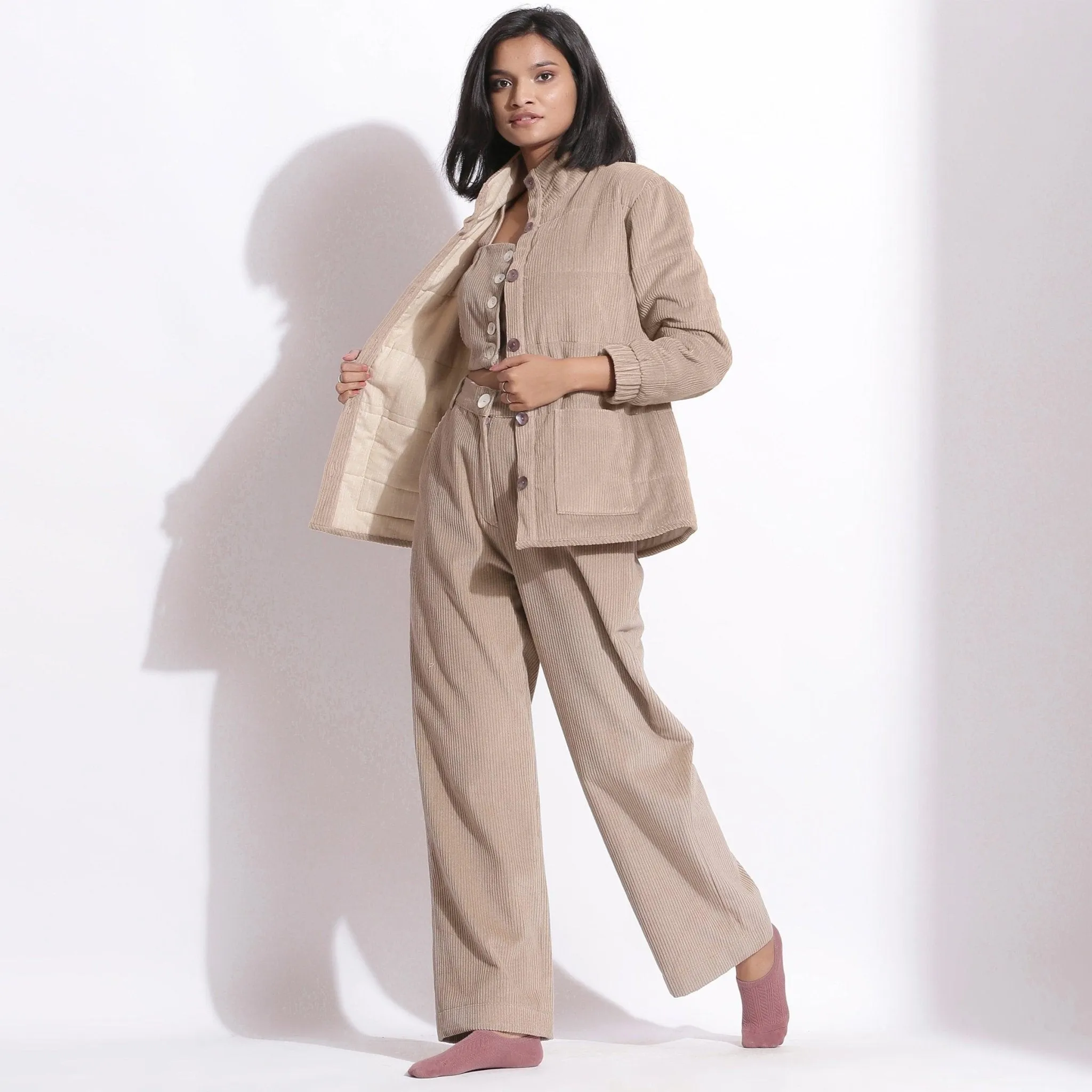 Taupe Beige Cotton Corduroy Warm Pant and Quilted Jacket Co-ord Set