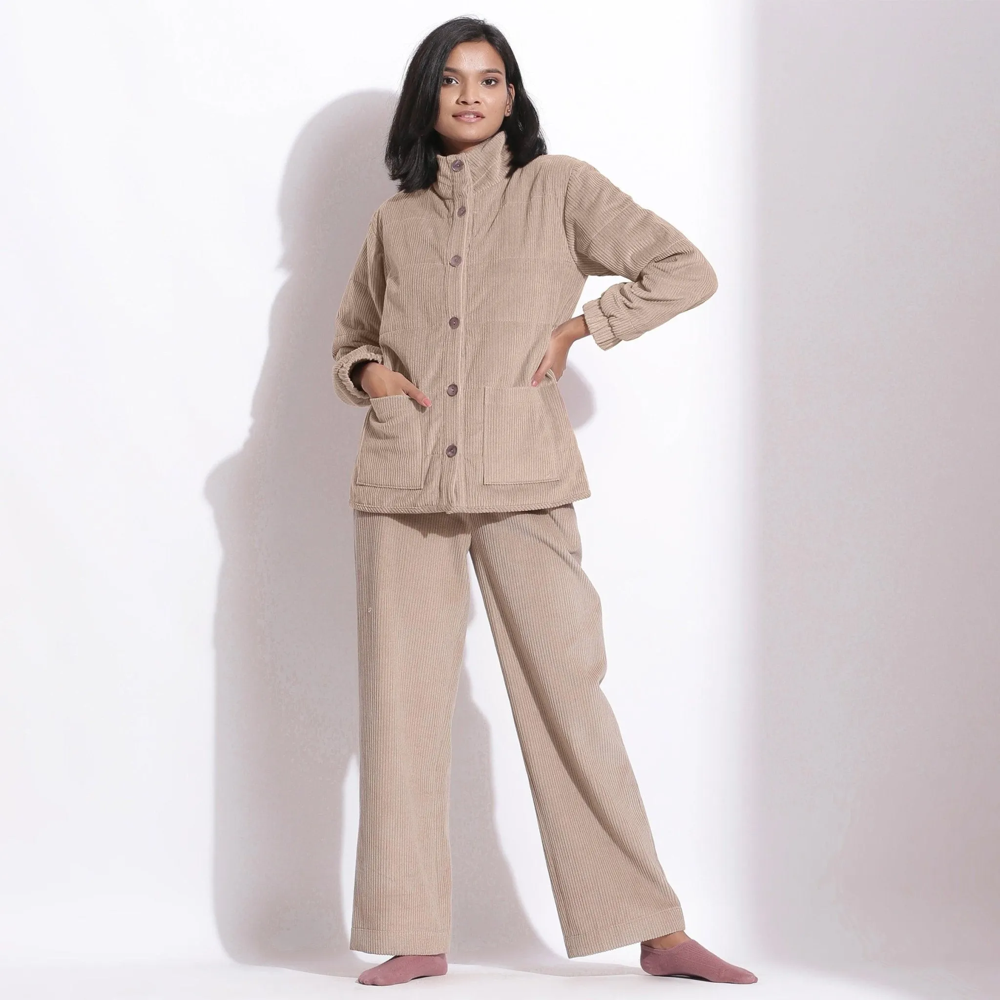 Taupe Beige Cotton Corduroy Warm Pant and Quilted Jacket Co-ord Set