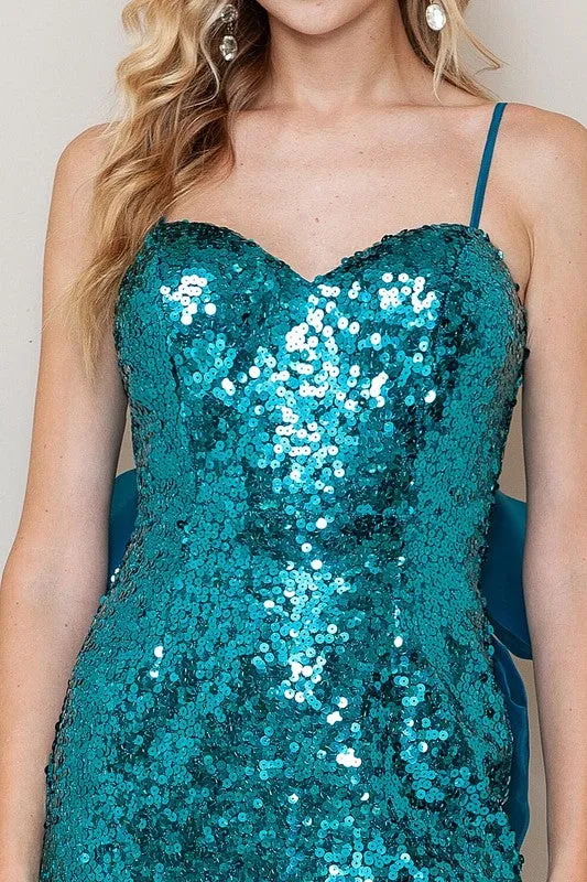 Teal Sequin Bow Detail On Back Mini Dress