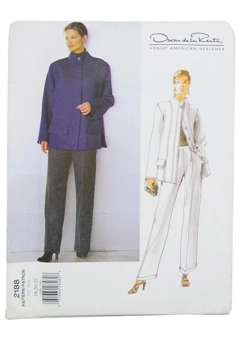 Uncut Vintage Oscar de la Renta 1998 Vogue 2188 Designer Pants Jacket Pattern