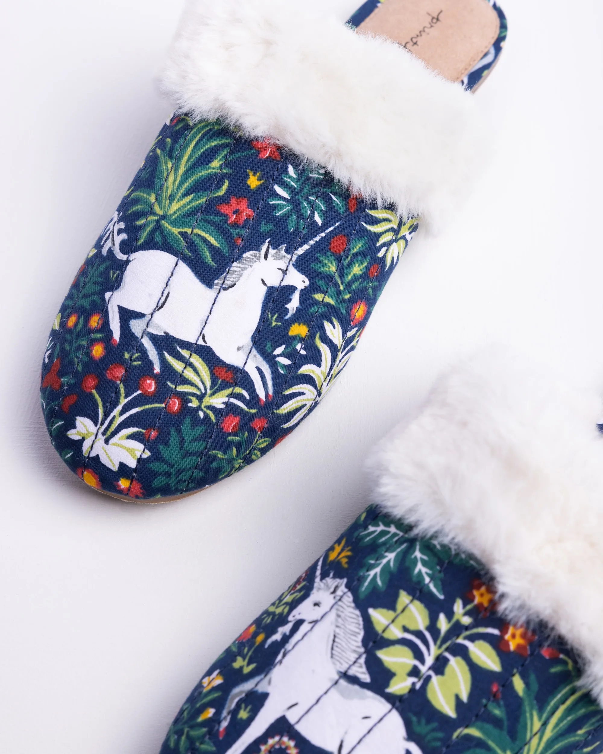 Unicorn's Garden - Quilted Faux Fur Slippers - Indigo