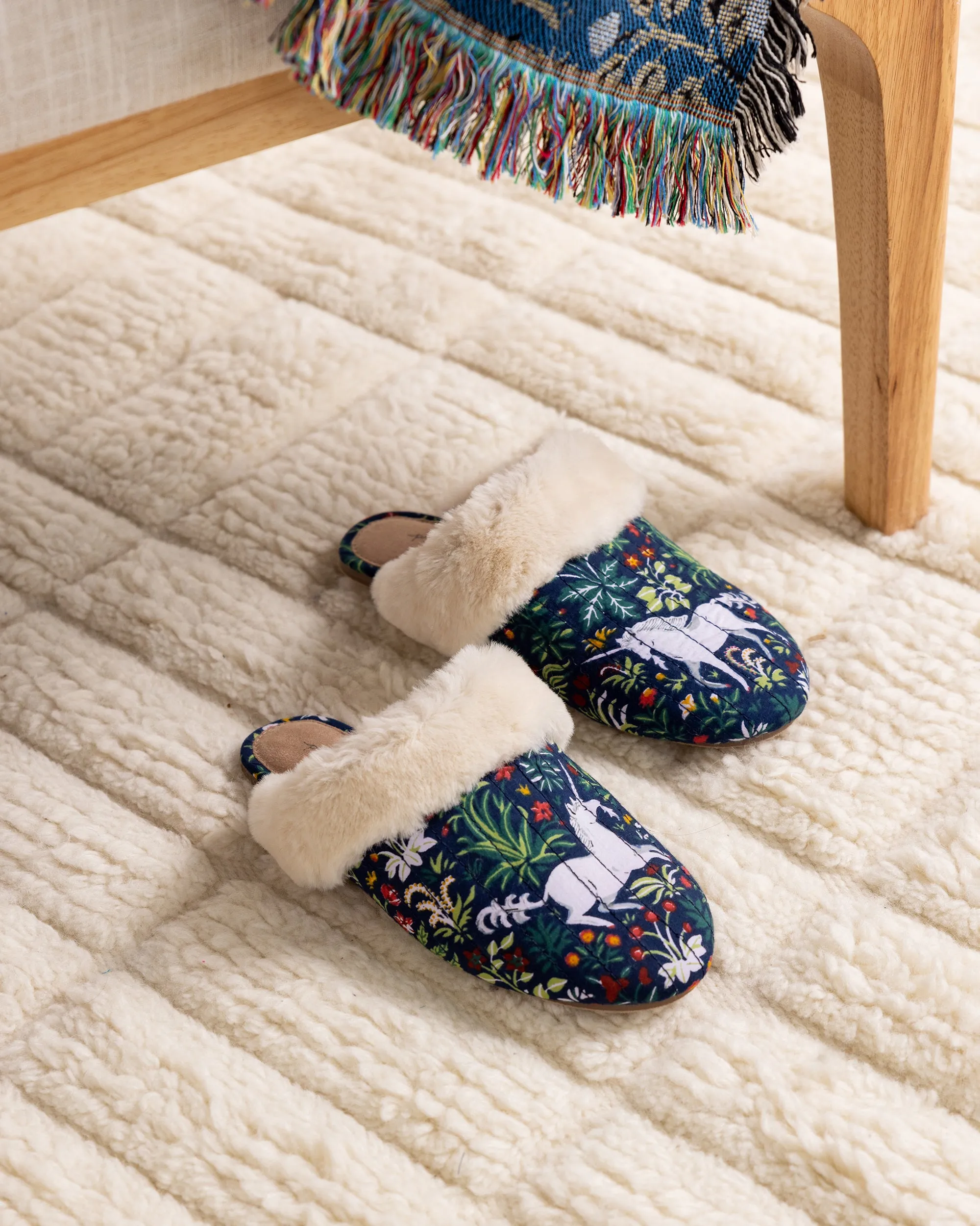 Unicorn's Garden - Quilted Faux Fur Slippers - Indigo