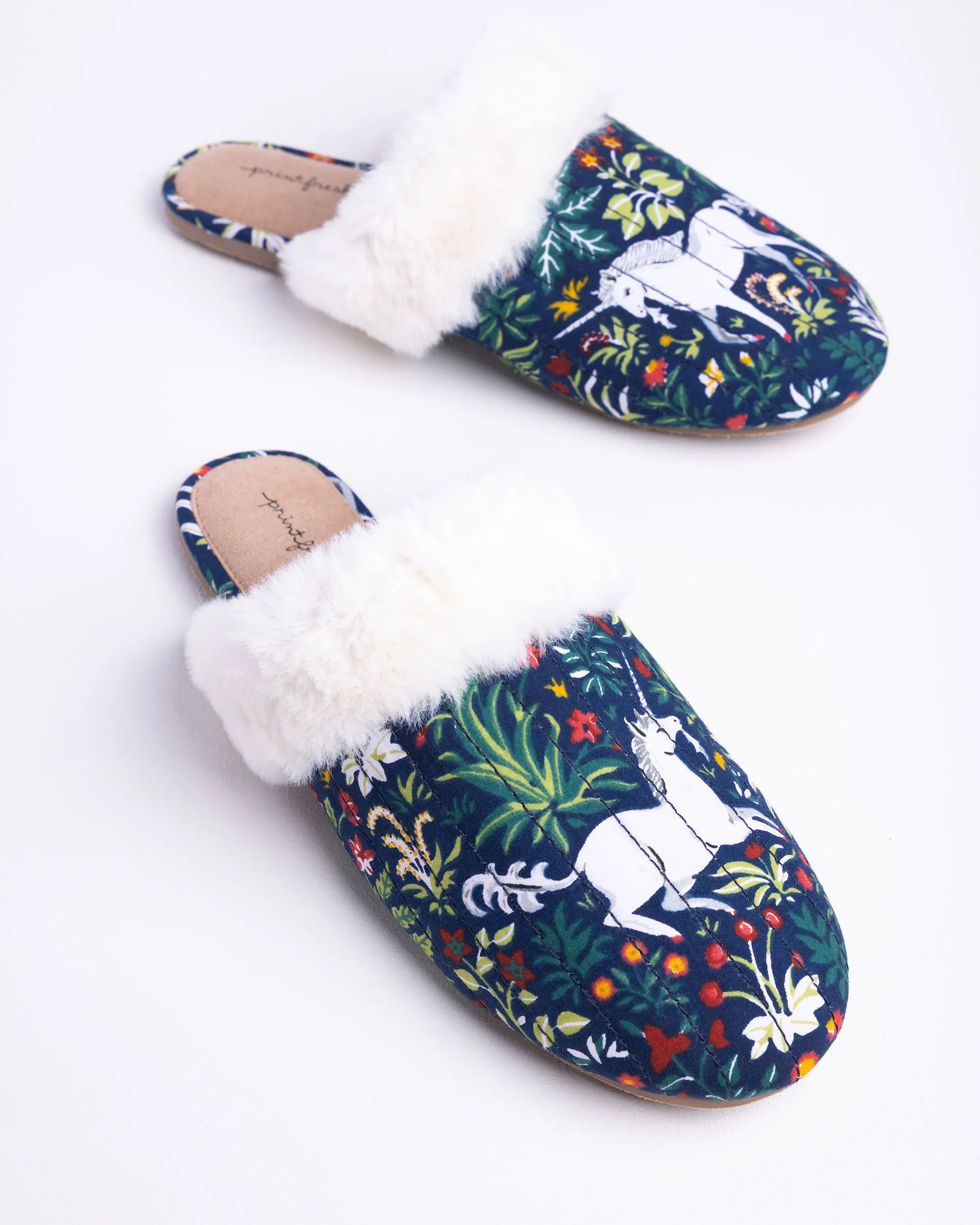 Unicorn's Garden - Quilted Faux Fur Slippers - Indigo