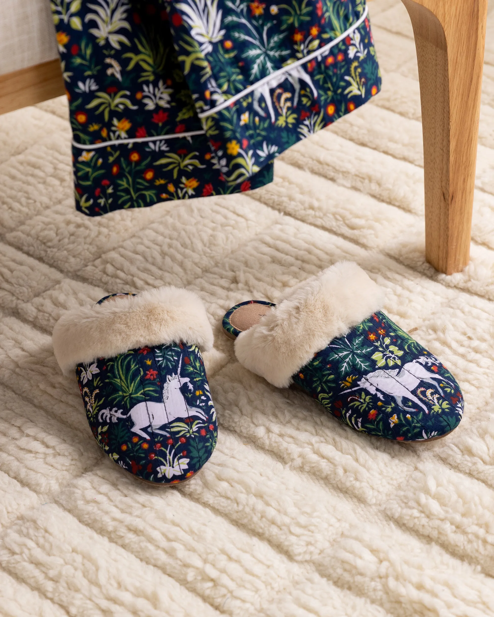 Unicorn's Garden - Quilted Faux Fur Slippers - Indigo